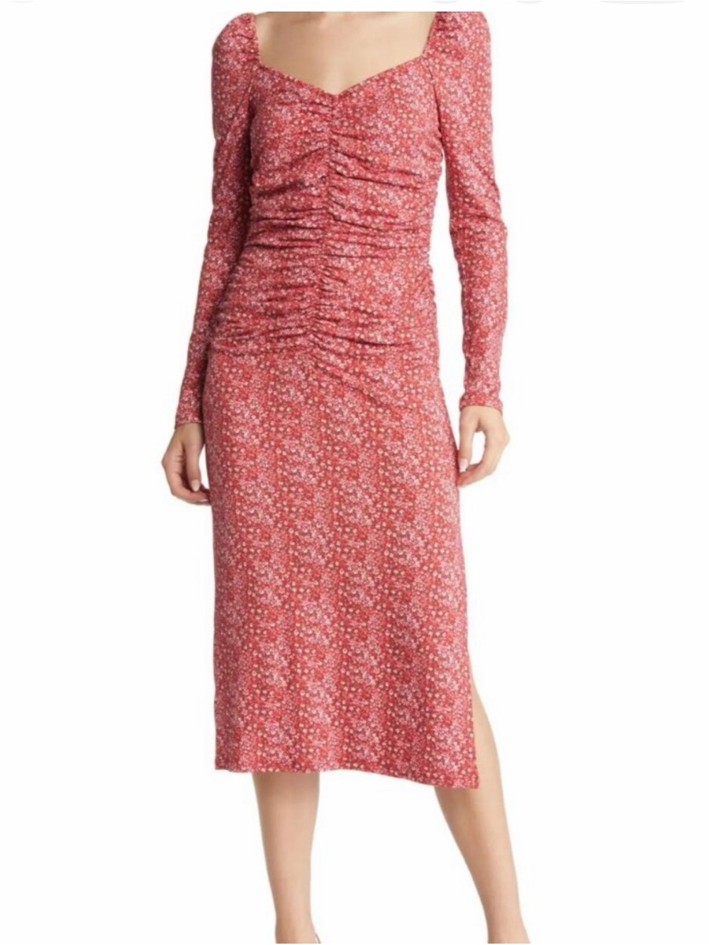 Charles Henry Red Floral Ruched Long-Sleeve Midi Dress